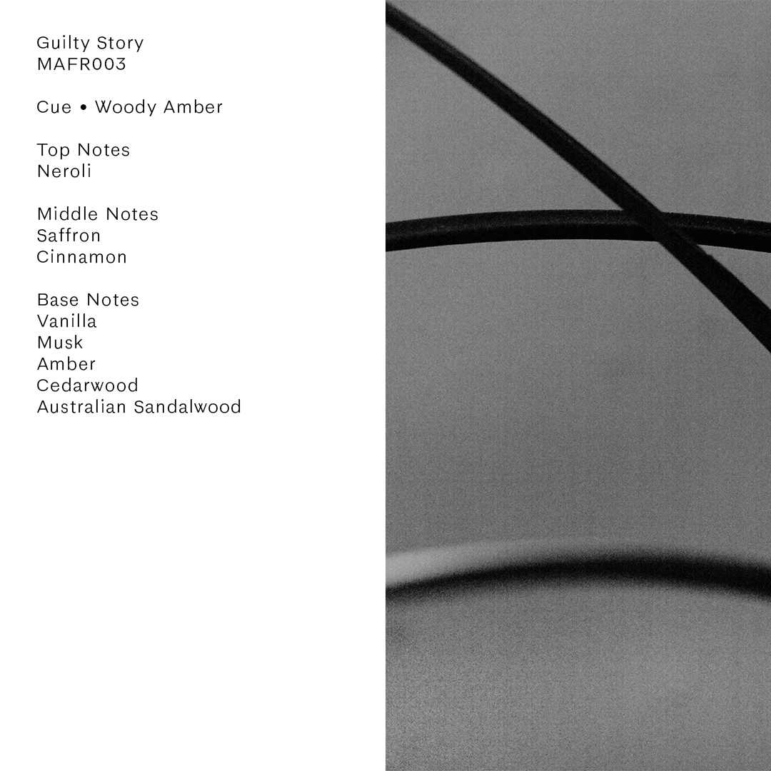 Guilty Story Air Fragrance notes chart showing top, middle, and base notes of Neroli, Saffron, Cinnamon, and more.