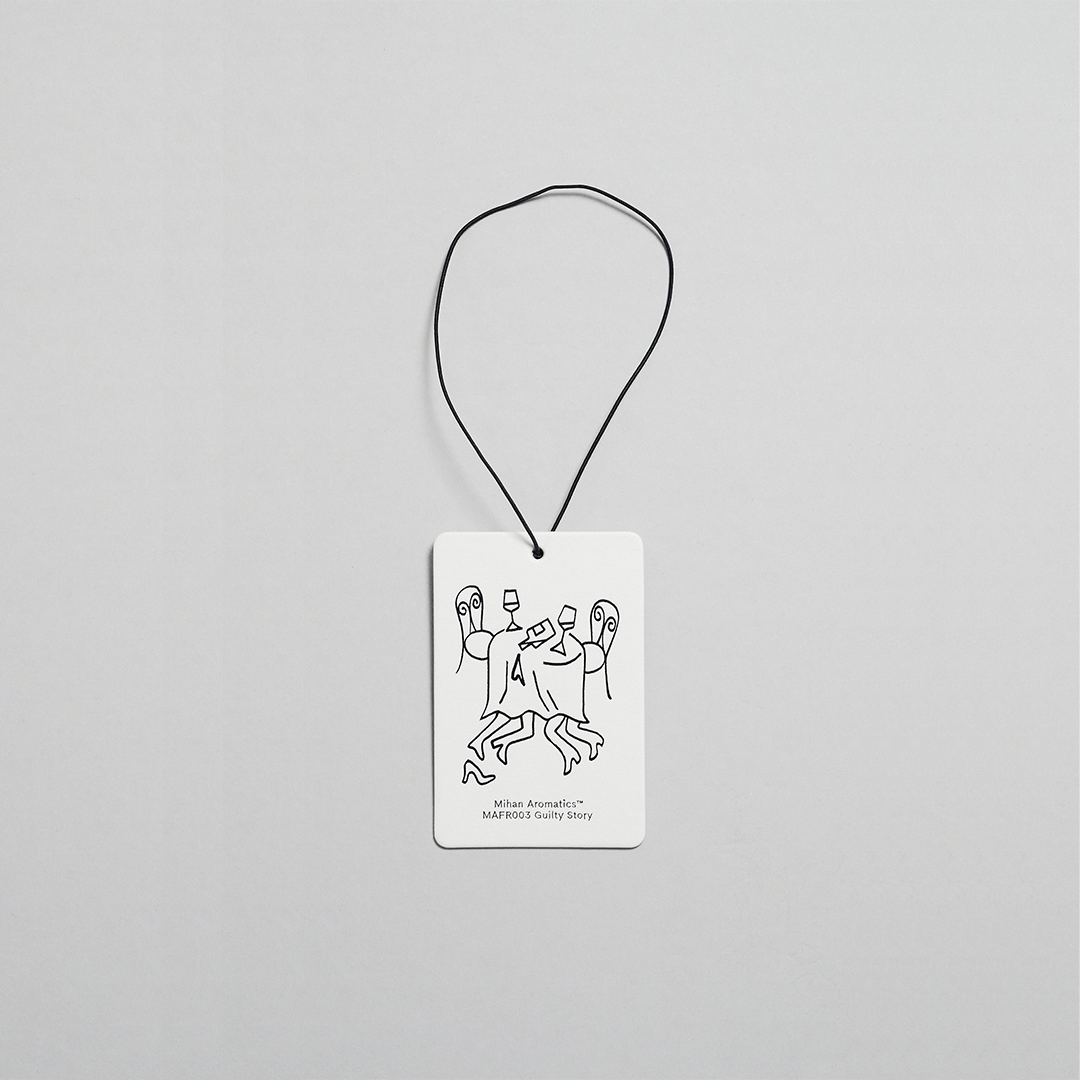 Guilty Story Air Fragrance Card featuring playful illustrations, designed to scent cars and wardrobes.