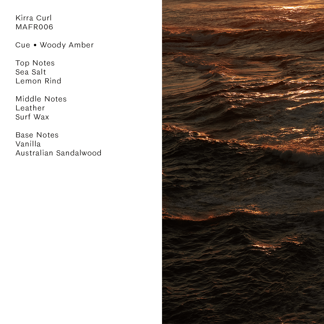 Kirra Curl Parfum fragrance notes, featuring ocean waves and warm hues, evoking nostalgia and beach vibes.