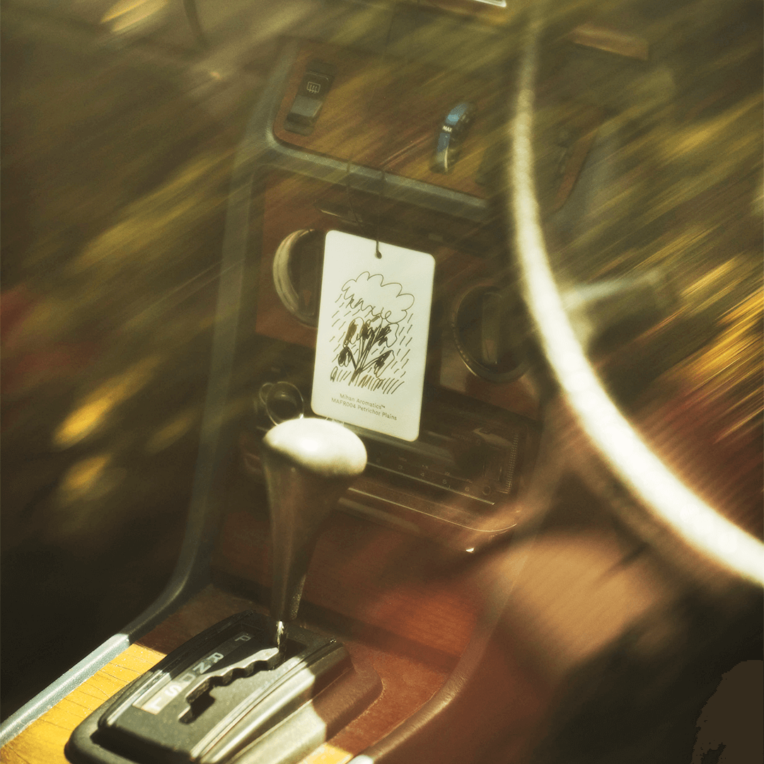 Petrichor Plains Air Fragrance Card hanging in a car interior, creating a refreshing aroma experience.