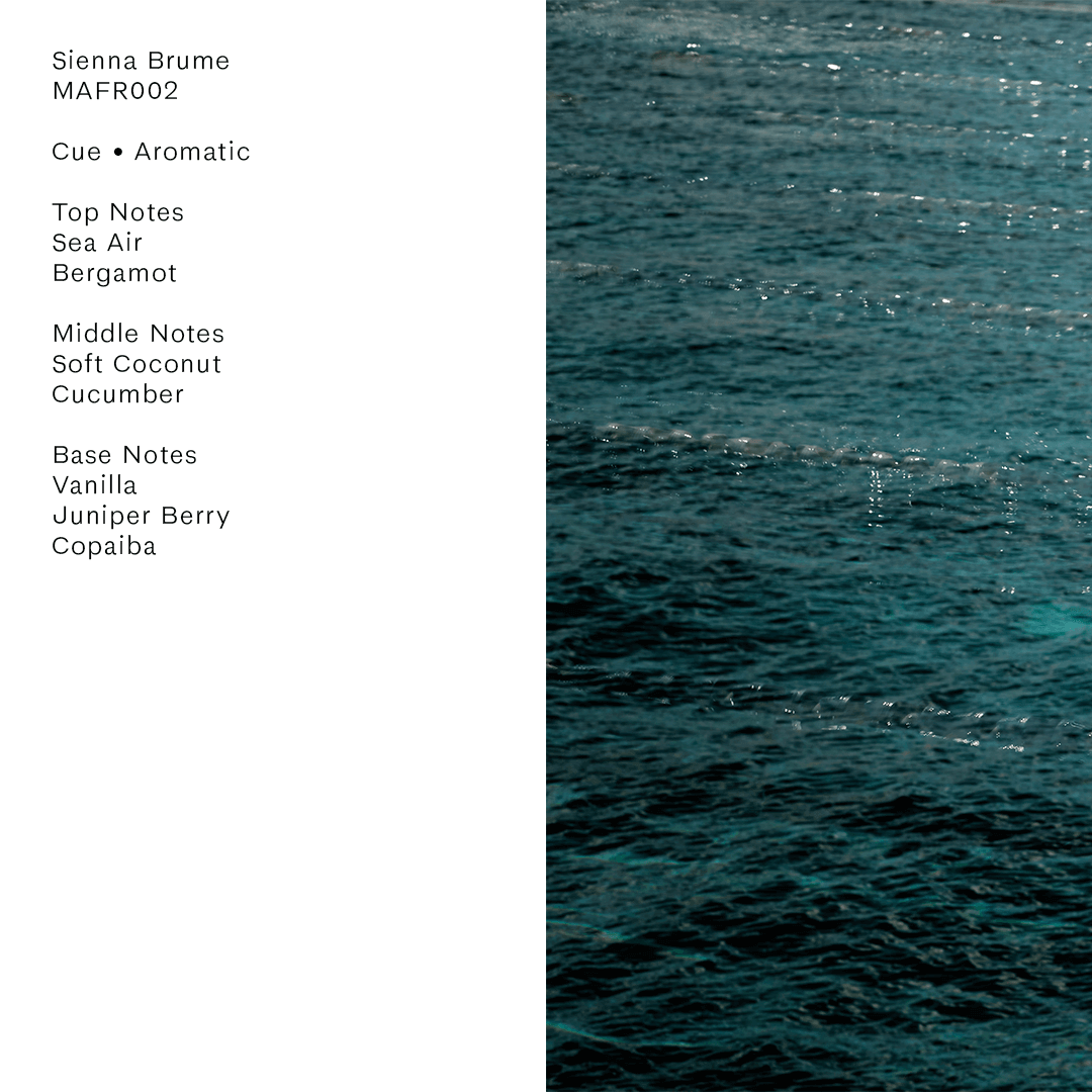 Sienna Brume Air Fragrance by Mihan Aromatics, featuring ocean-inspired top, middle, and base scent notes.