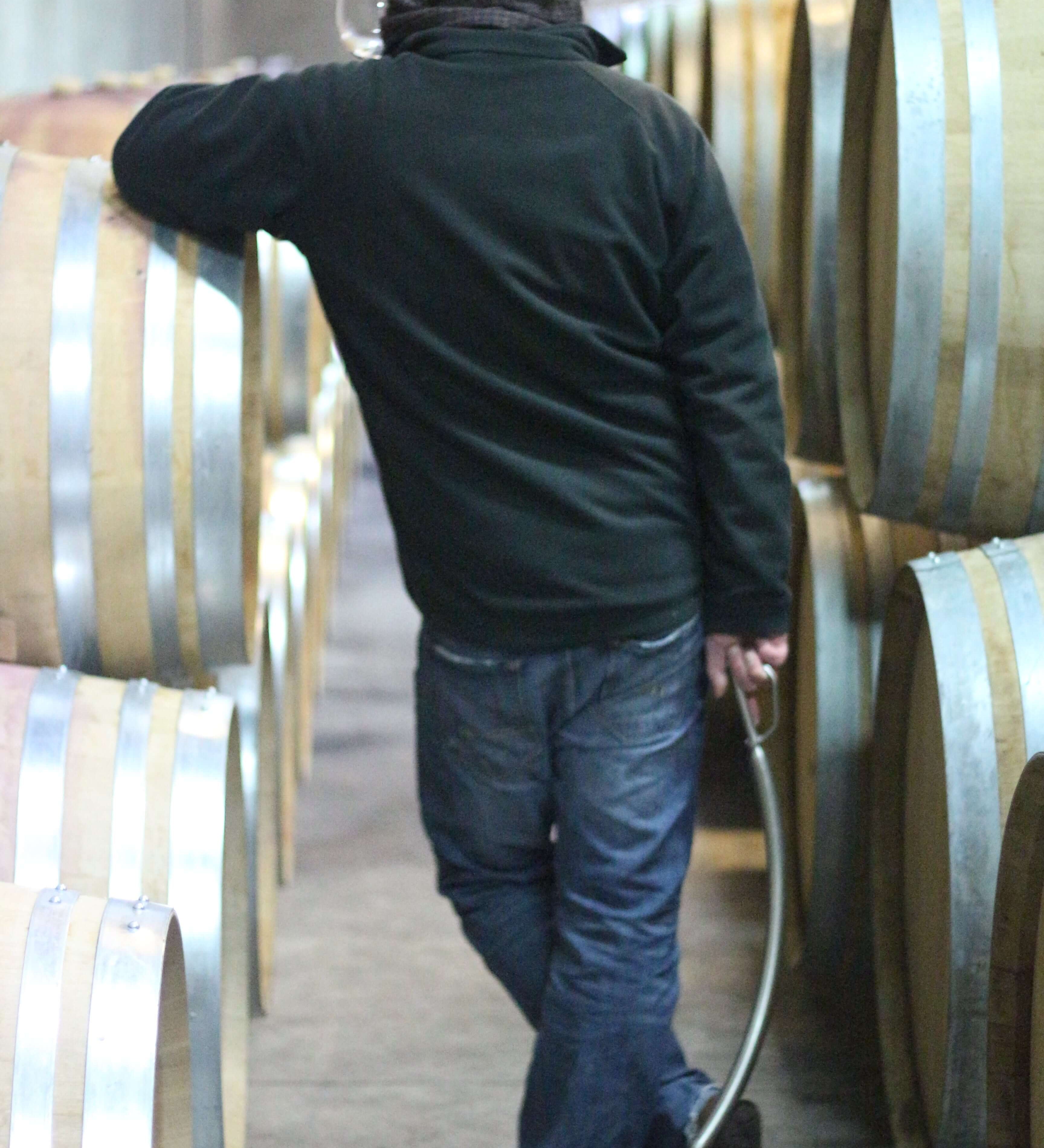 Man holding a glass in a winery, leaning against a barrel surrounded by oak casks.