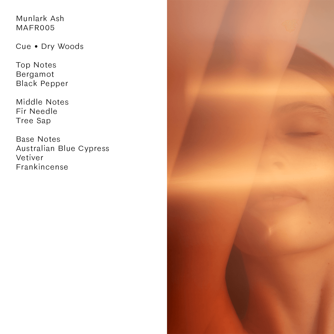 Image of Munlark Ash fragrance notes including bergamot, black pepper, fir needle, and tree sap.