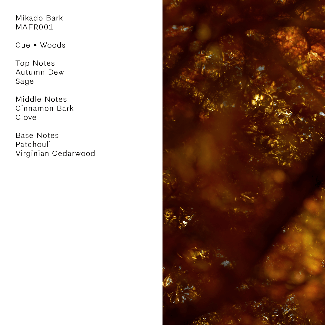 Mikado Bark Parfum fragrance notes including autumn dew, cinnamon bark, patchouli, and cedarwood.