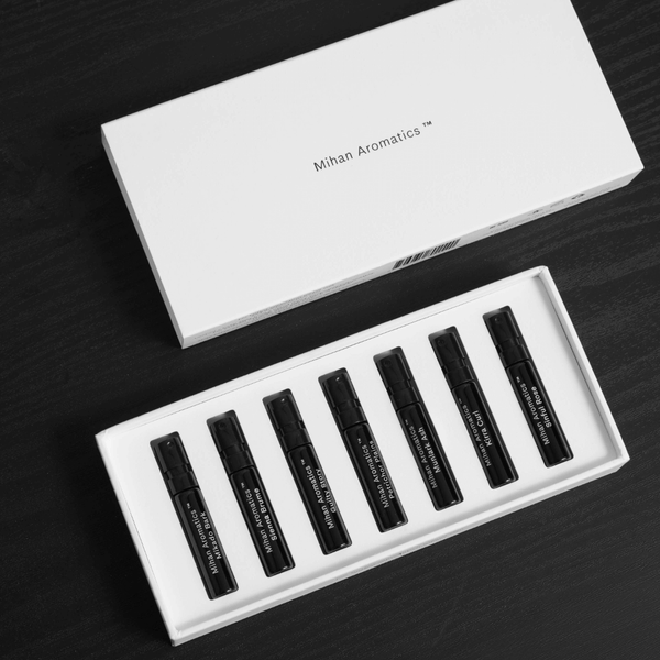 Discovery Set by Mihan Aromatics featuring seven 2ml fragrance vials in a sleek black and white box.
