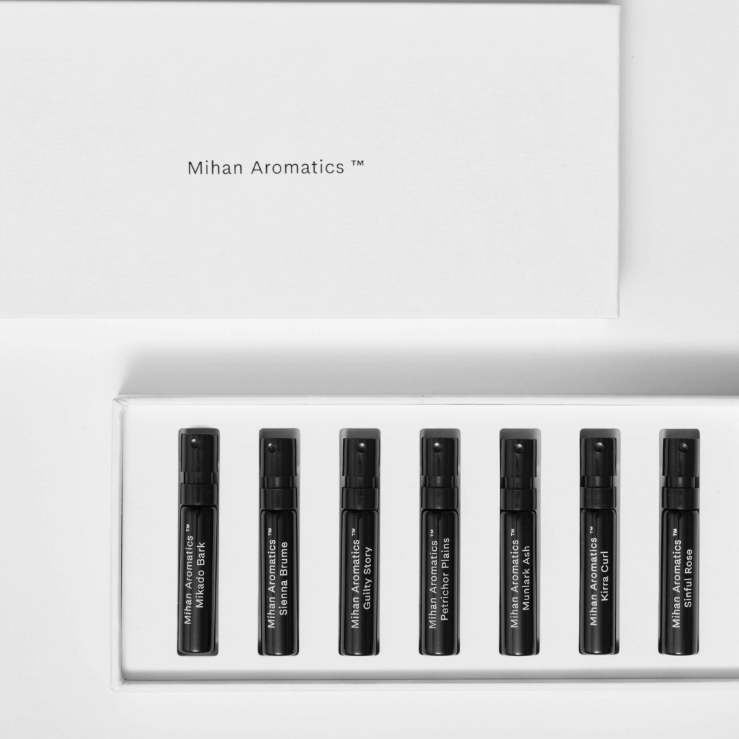 Mihan Aromatics Discovery Set with seven black vials of signature fragrances in a white box.