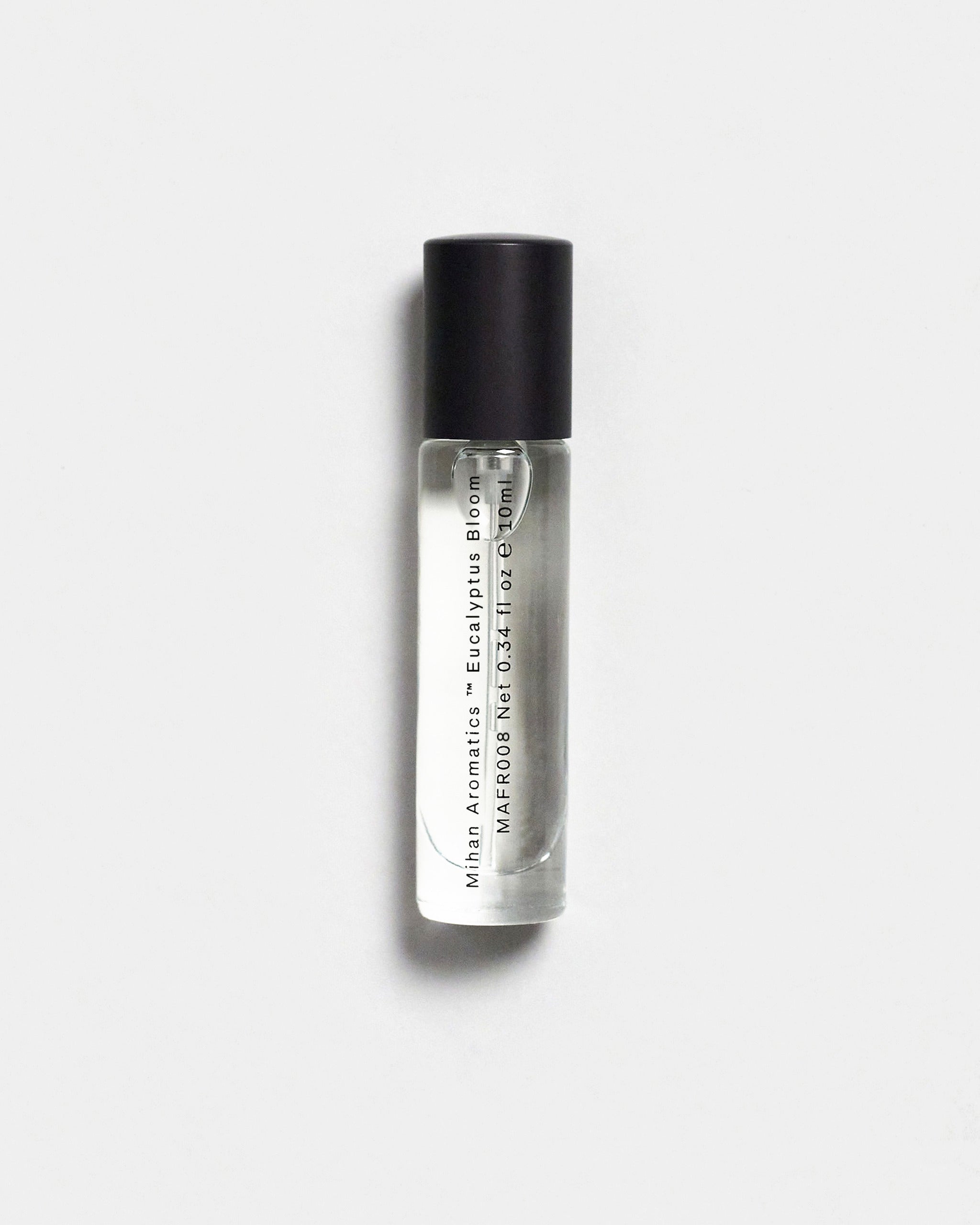 Mihan Aromatics Eucalyptus Bloom parfum 10ml bottle with black cap on a Studio Grey backdrop