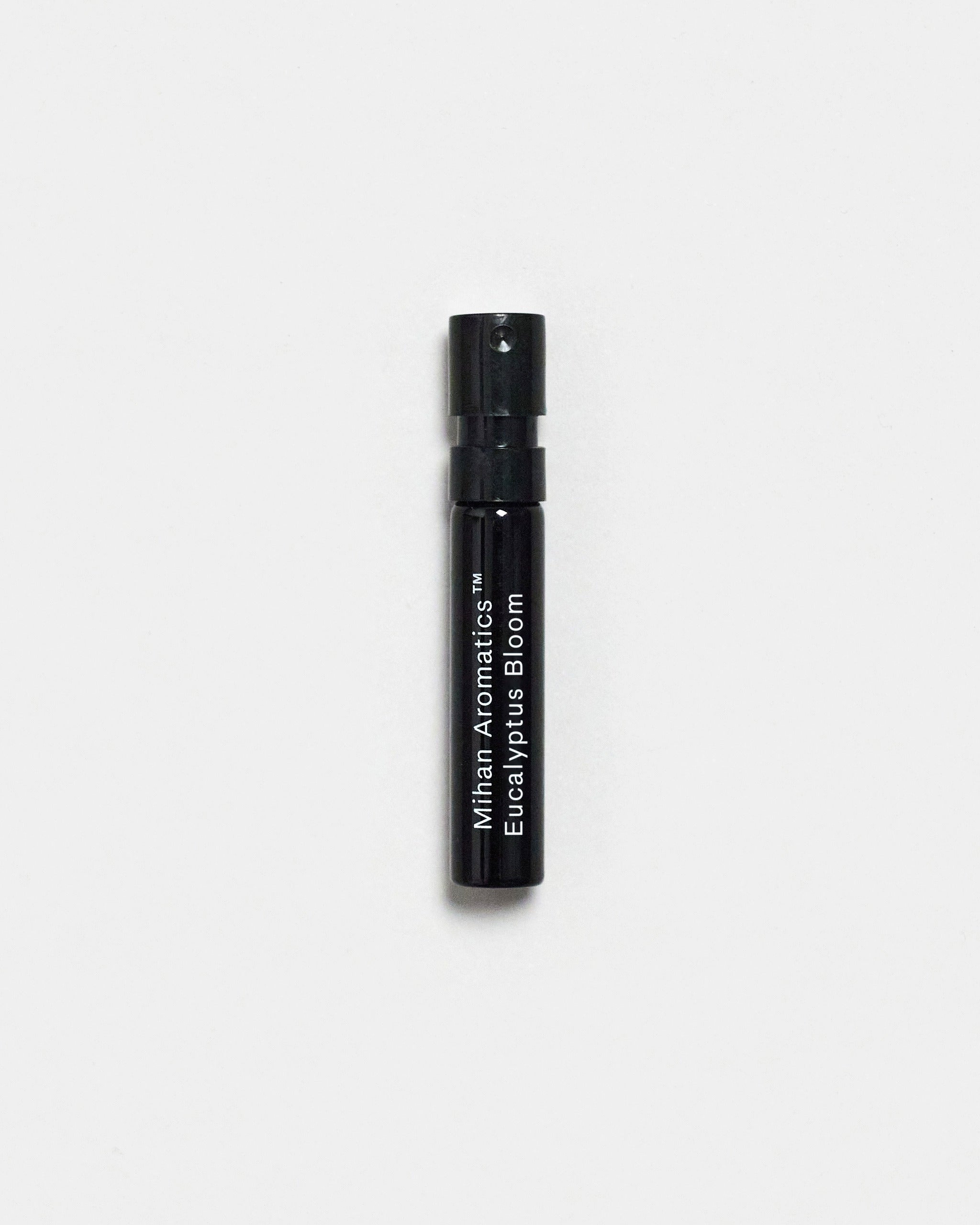 Mihan Aromatics Eucalyptus Bloom parfum 2ml sample vial on a Studio Grey backdrop