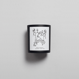 Guilty Story Candle by Mihan Aromatics, black container with minimalist art, hand-poured soy wax, 60-hour burn time.