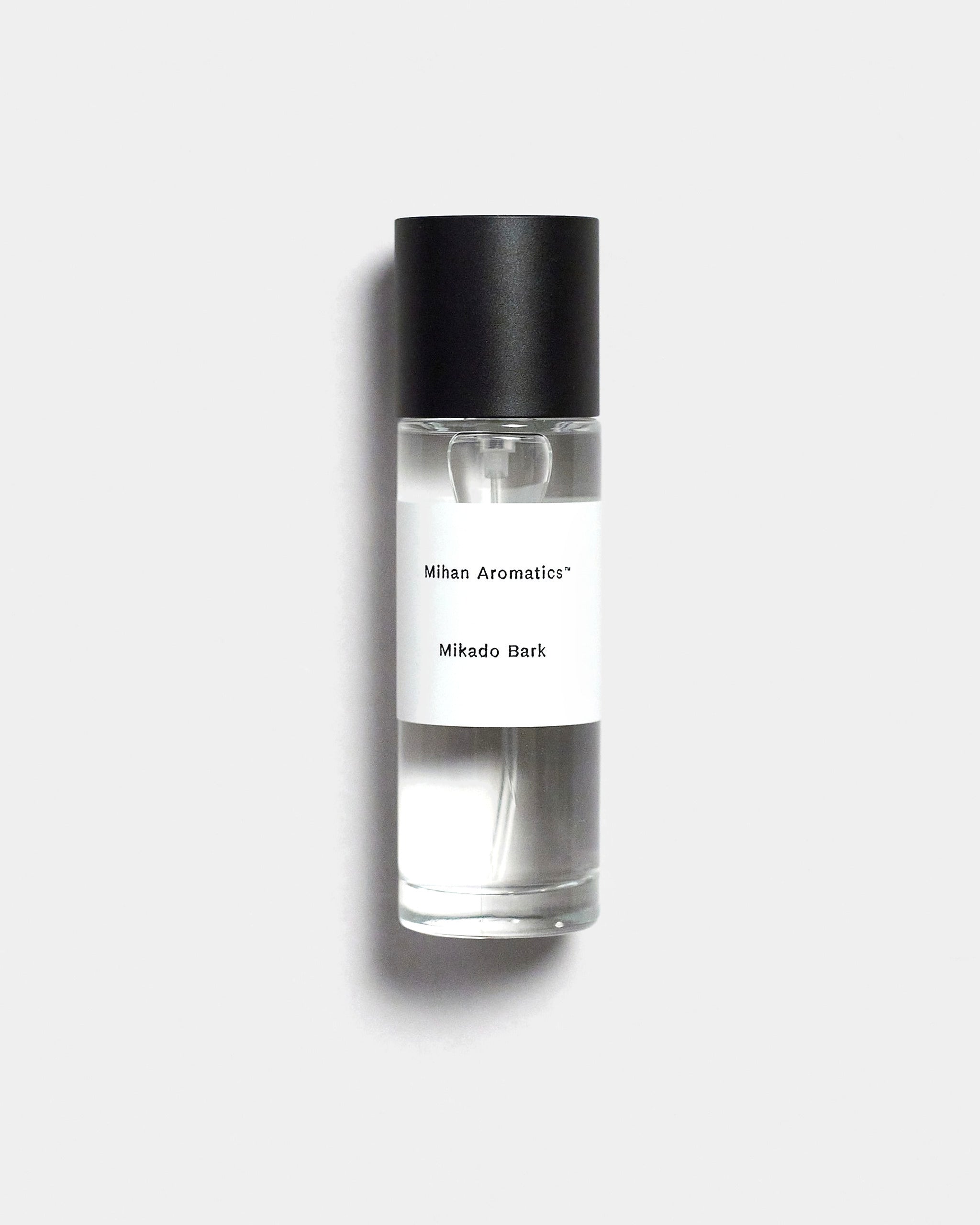 Mihan Aromatics Mikado Bark parfum 30ml bottle with black cap on a Studio Grey backdrop