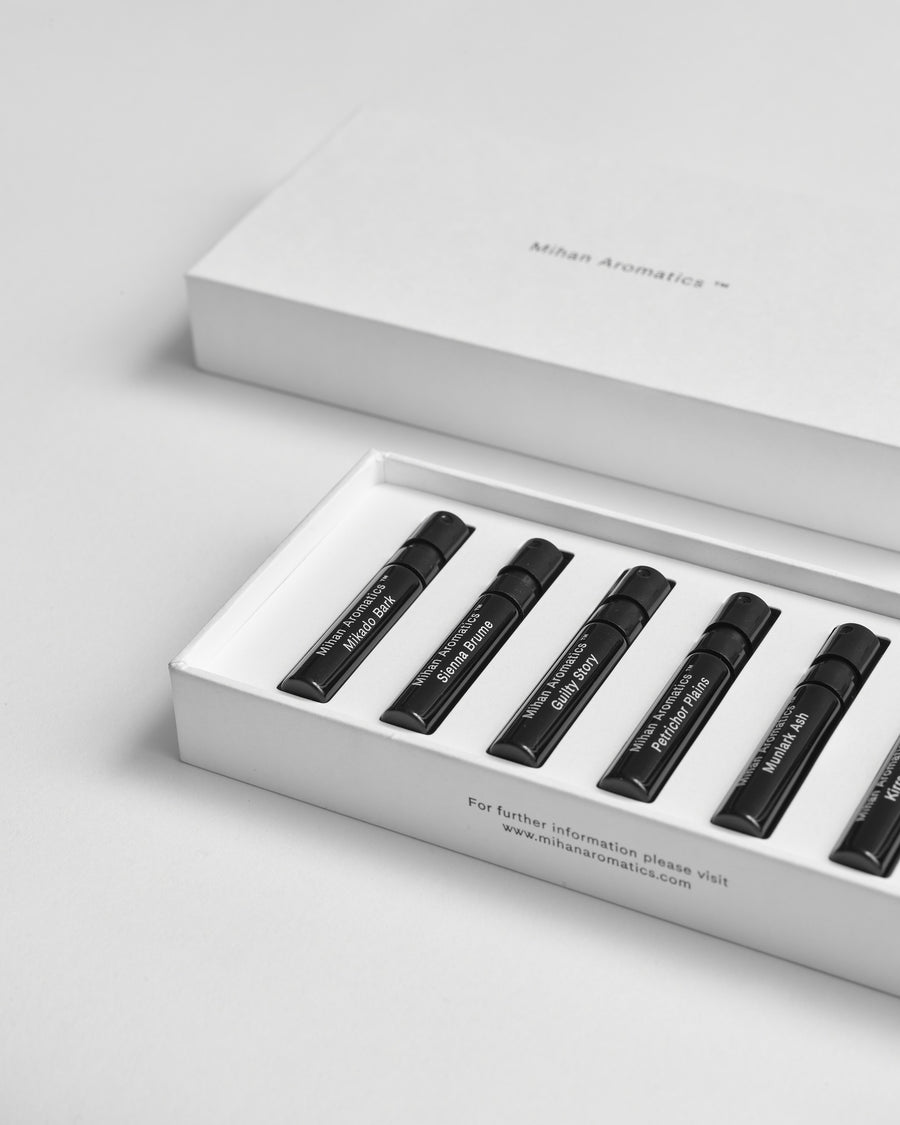 Angled view of the open Mihan Aromatics Discovery Set with its seven labelled parfum vials