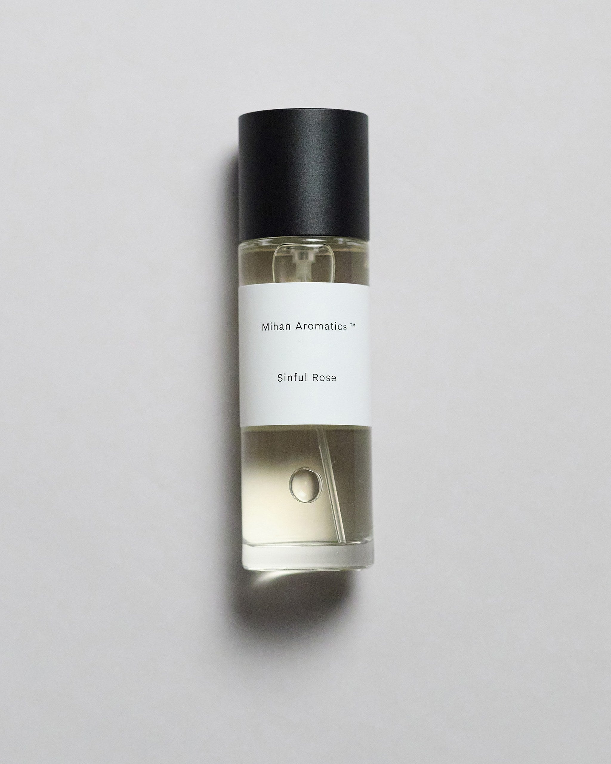 Mihan Aromatics Sinful Rose parfum 30ml bottle with black cap on a pale grey backdrop