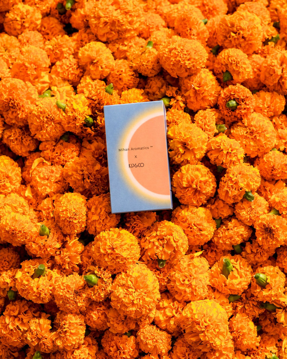 Mihan Aromatics x Kip&Co Soul Nectar box laid on a bed of orange marigolds