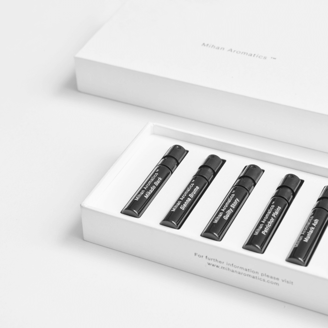 Discovery Set featuring seven 2ml fragrance vials in a sleek box by Mihan Aromatics.