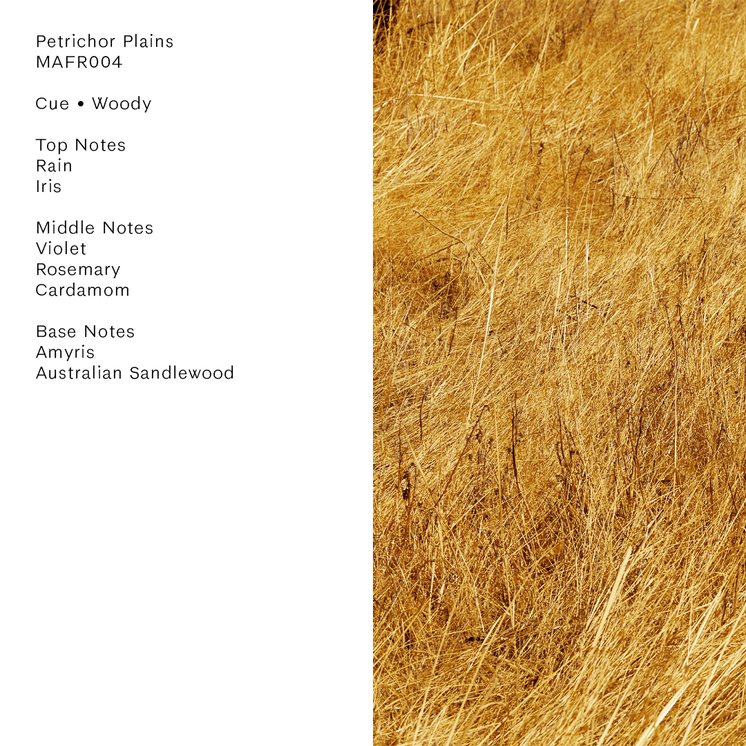 Petrichor Plains air fragrance card featuring woody notes and scent profile, including rain, violet, and Australian sandalwood.