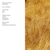 Petrichor Plains air fragrance card featuring woody notes and scent profile, including rain, violet, and Australian sandalwood.